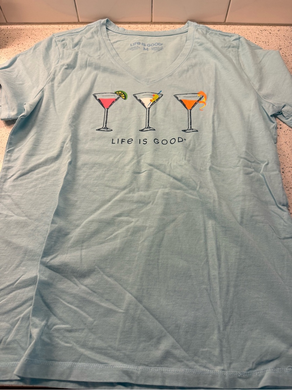 Life Is Good Light Blue V-Neck Cocktail Graphic Tee